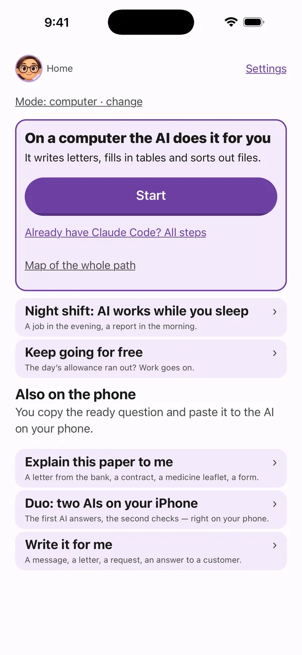 Poly A1 home screen on iPhone: On a computer, AI does it for you — Start. Explain this paper to me, Write it for me, Show me what you can do, A second AI.