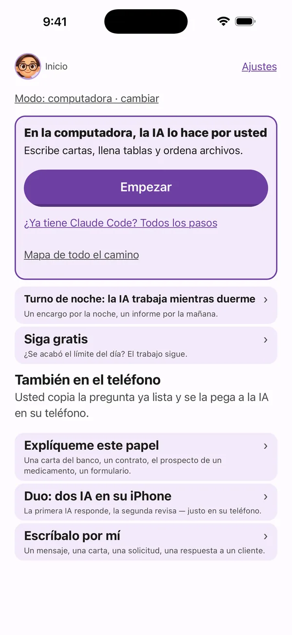 Pantalla principal de Poly A1 en iPhone: En la computadora, la IA lo hace por ti — Empezar. Explícame este documento, Escríbelo por mí, Muéstrame qué sabes hacer, Una segunda IA.